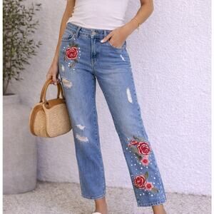 INC International Concepts Floral Embroidered Boyfriend Jeans Studded Denim Sz12